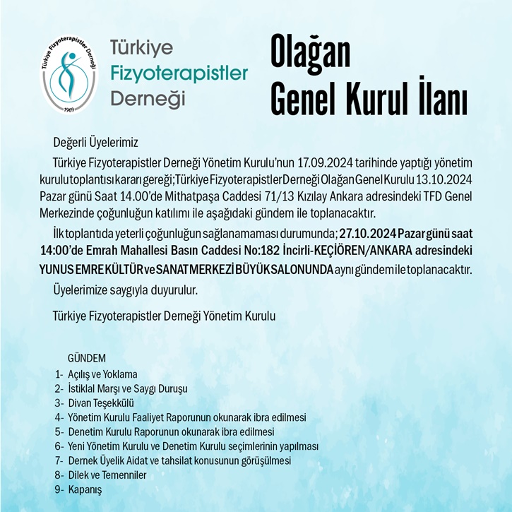 Türkiye Fizyoterapistler Derneği Olağan Genel Kurul İlanı 2024